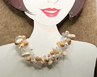 Wire Crochet Pearl Crystal Necklace: Mother's Day Statement Jewelry Gift