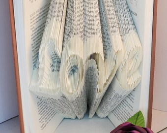 Folded Book Art: 'Love' Origami Sculpture from Upcycled Novel, Eco Friendly Gift for Reader