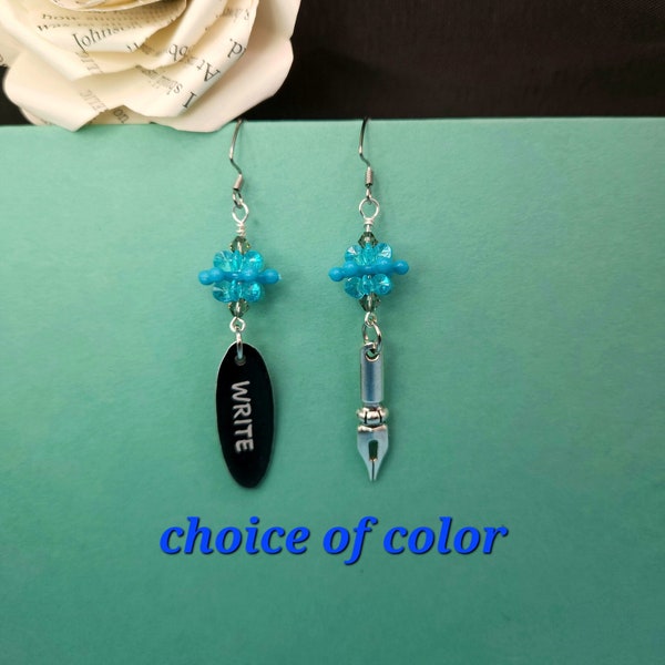 Asymmetrical Pen Earrings w Calligraphy Nib Resin Write Bead, Choice of Color, Coordinating Writer Jewelry Unique Handcrafted Author Gift,