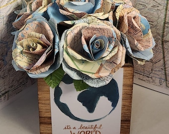 Upcycled Atlas Paper Rose Bouquet: Bon Voyage Gift for Traveler or Ecologist
