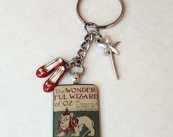 Wizard of Oz Book Cover Keychain: Resin, Magic Wand, Ruby Slippers Charms