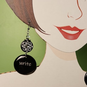 Writer Earrings: Black & White Resin Beads, Sterling Silver - Literary Jewelry