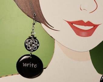 Writer Earrings: Black & White Resin Beads, Sterling Silver - Literary Jewelry