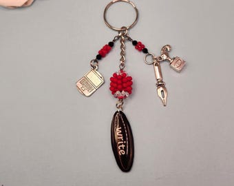Writer Keychain: Handmade 'Write' Resin Bead, Pen & Laptop Charms