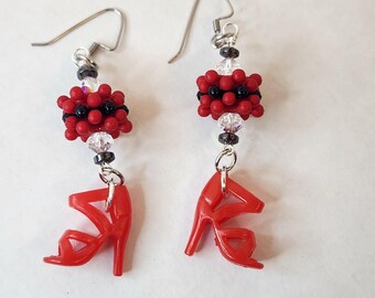 Red Barbie Shoe Earrings with Black and Crystal Accents Includes Free Shipping