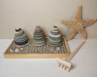 Zen Garden Rock Cairn Kit: 30 Coastal Stones, Bamboo Tray, Sand Father's Day Gift