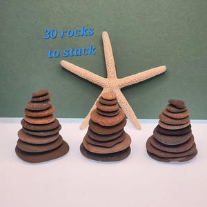 May include: Thirty small, smooth, brown stones arranged into three separate conical stacks. A single, light-colored, five-pointed starfish is positioned behind the stacks. The text "30 rocks to stack" is visible in blue lettering above the starfish.