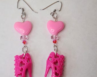 Pink Barbie Shoe Earrings with Heart Motif Include Shipping