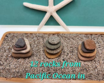 Mini Zen Garden Rock Cairn Kit: Pacific Ocean Stones, Bamboo Tray