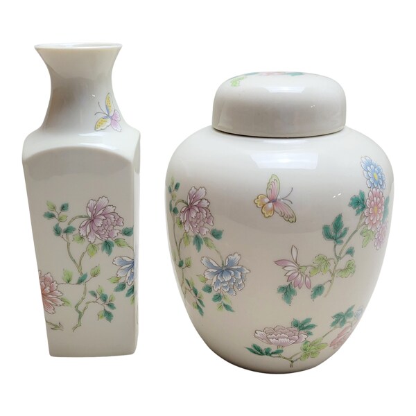 Vintage Takahashi Ginger Jar & Vase Set Pastel Butterfly Flowers Made in Japan