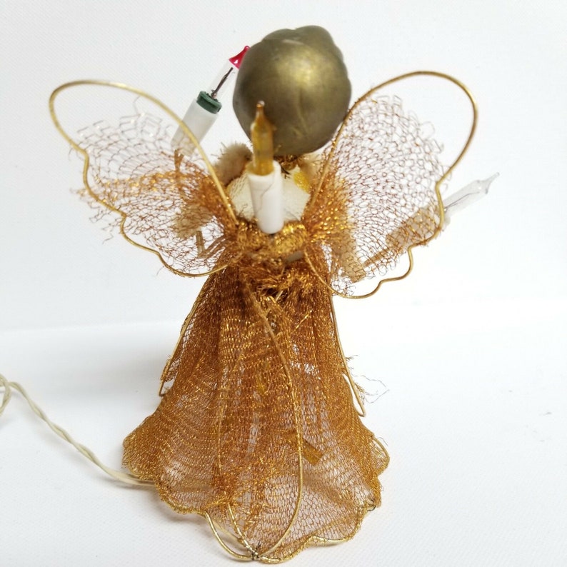 Vintage 1950/'s Lighted Angel Christmas Tree Topper Wire Gold Mesh Celluloid