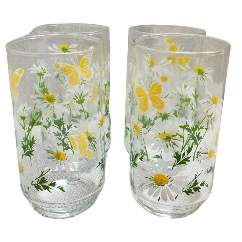 Vintage Popularity Set Ranking TOP10 of 4 Libbey Butterfly 5” Drinking Tumb Daisy Glasses