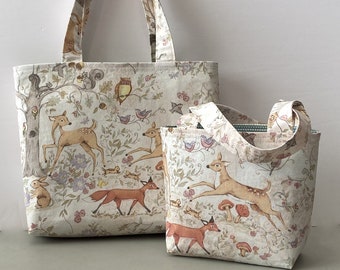 Girls Woodland Animals Tote Bag, Handmade Fox and Deer Tote, Cute Little Girls Purse with Forest Animals, Carryall to Match Dress, 2 Sizes