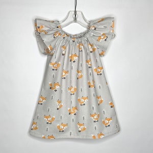LAST ONE! Girls Fox Dress with Flutter Sleeves, Cute Pullover Frock with Orange Foxes, Handmade Cotton Peasant Dress, Fox Themed Party Dress