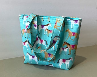 Girls Tote Bag with Horses: Handmade Cotton Carryall/Purse in Toddlers and Girls Sizes