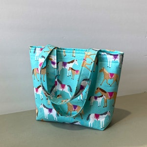 New! Girls Horse Tote Bag, Aqua Tote in a Horse Print, Girls Cute Carryall with White & Brown Horses, Handmade Tote Bag /Purse with Horses