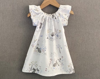 New! Girls White Dress with Bunny Rabbits, Pretty Summer Dress with Mama and Baby Bunnys, Baby & Toddler Handmade Frock with Flutter Sleeves