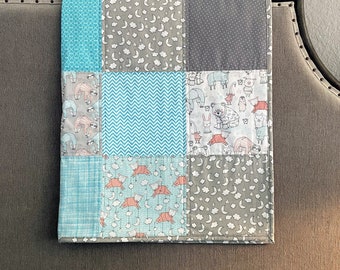 New "Sweet Dreams" Baby Quilt, Handmade Patchwork Quilt with Bear Llama Sloth & Lamb, Unisex Baby Quilt in Aqua and Gray, Baby Shower Gift