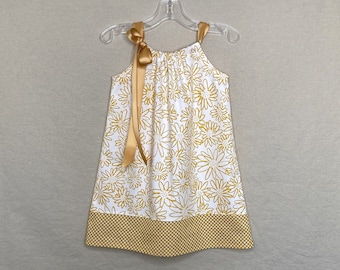 Girls Daisy Dress in White and Mustard Yellow, Pretty Pullover Pillowcase Dress with Ribbon Ties, White Cotton Summer Sun Dress, Size 12m-10