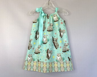 New! Girls Koala Bear Pillowcase Dress, Aqua Dress with Cute Koalas, Pullover Cotton Frock with Ribbon Ties, Koala Themed Party, 12m - 12y