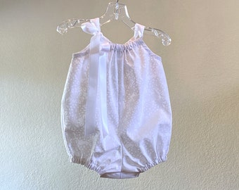 Baby Girls White Bubble Romper, Pretty Sun Suit with Embossed White Flowers, White on White Pillowcase Style Romper, Summer Beach Outfit