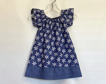 Girls Navy Blue Dress with White Daisies, Pretty Pullover Summer Frock with Flutter Sleeves, Handmade Cotton Peasant Dress, Size 12m - 8