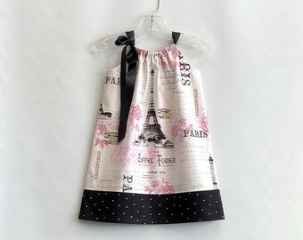New! Girls Eiffel Tower Dress, Paris Inspired Pillowcase Dress, Pullover Sun Frock with Ribbon Ties, Paris Theme Party Dress, Sizes 12m - 10