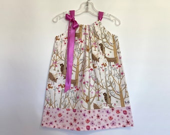 Girls Woodland Deer Dress with Bear Deer Owl & Squirrel, Cute Pullover Sun Dress with Ribbon Ties, Woodland Animal Pillowcase Dress, 12m-10