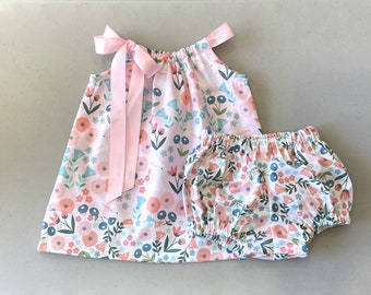 Baby Girls Pink Floral Dress with Bunnies, Pretty Pullover Frock w/ Matching Bloomers, Bunny's in a Flower Garden, Baby Shower, Gift Nb-18m