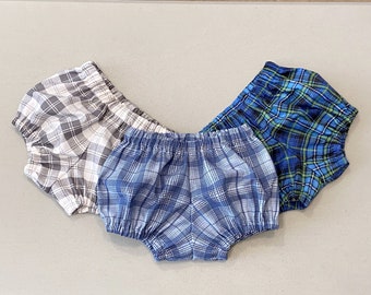 New! Cute Plaid Diaper Covers, Plaid Baby Bloomers in Blue on Blue, Blue and Green or Gray and White, Baby Bummies, Smash Cake Photo, Nb-3T