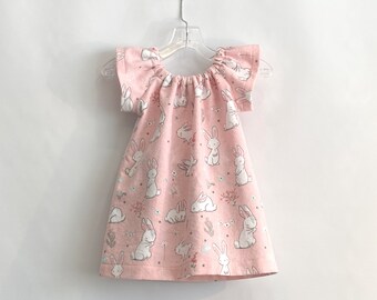 LAST ONE! Girls Pink Flutter Sleeve Dress with Bunnies, Pullover Peasant Dress in a Charming Bunny Print, Cozy Flannel Dress in Soft Pink