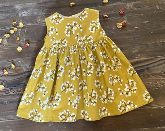 Girls Mustard Yellow Floral Dress, Full Skirt Sleeveless Dress w/ Button Back Closure, Pullover Summer Frock, Handmade Cotton Dress, 12m - 8