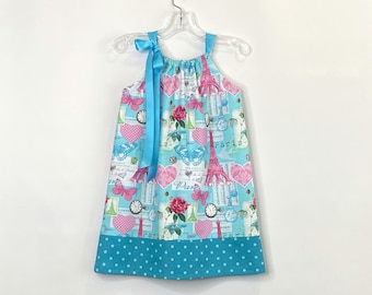 Girls Paris Dress with the Eiffel Tower, Turquoise Pillowcase Dress with a Paris Theme, Pullover Summer Sun Dress with Ribbon Ties, 12m-12y