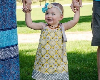 Girls Yellow and Gray Sun Dress, Mustard Yellow Pullover Summer Frock with Ribbon Ties, Pretty Cotton Floral Pillowcase Dress, Size 12m - 10