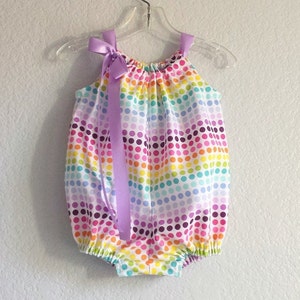 Baby Girls Polka Dot Romper in Rainbow Colors, Handmade Bubble Romper with Rows of Polka Dots, Cute Summer Sun Suit, Babys Smash Cake Outfit