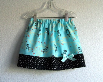 Girls Aqua Skirt with Black Birds, Cute Cotton Skirt with Birds on Branches, Pull on Skirt with Elastic Waist, Toddler & Girl Sizes 12m - 7