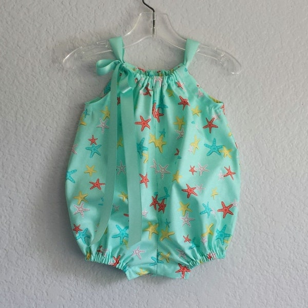 Combi-short bulles étoiles de mer bébé fille, Combi-short turquoise avec étoiles de mer colorées, Jolie tenue de plage, Combi-short bulles Smash Cake, Vêtements d'été pour bébé