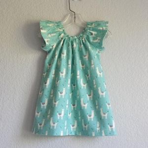 Girls Llama Dress with Flutter Sleeves, Aqua Pullover Frock with White Llamas, Comfy Cotton Flannel Dress with Cute Llamas, Sizes 12m - 8