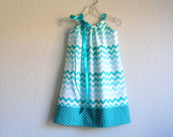 Girls Teal Chevron Stripe Sun Dress, Cute White Cotton Dress with Aqua and Teal Stripes, Pullover Pillowcase Dress with Ribbon Ties, 12m-10