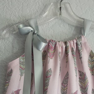 Last One Girls Boho Pillowcase Dress in a Feather Print, Pink and Gray Pullover Frock with Ribbon Ties, Girls Fall Clothes Sizes 12m 5 image 3