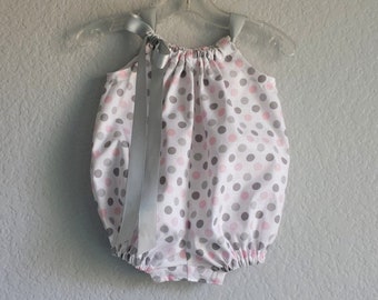 Baby Girls Polka Dot Bubble Romper, White Sun Suit with Pink and Gray Dots, Cute Pillowcase Style Romper, Smash Cake Outfit - Sizes Nb - 18m