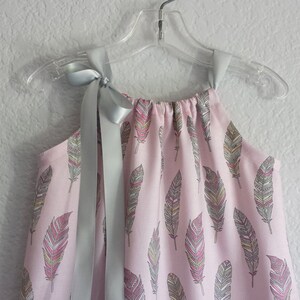 Last One Girls Boho Pillowcase Dress in a Feather Print, Pink and Gray Pullover Frock with Ribbon Ties, Girls Fall Clothes Sizes 12m 5 image 2
