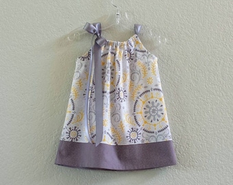 Girls Boho Sun Dress in Gray and Yellow, Pullover Sun Frock with Ribbon Ties, Handmade Cotton Pillowcase Dress, Summer Beach Dress, 12m-10