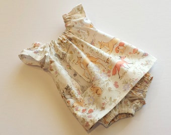 Baby Girls Woodland Dress with Bloomers: Fox & Deer Print, Flutter Sleeves - Handmade (Nb-18m)