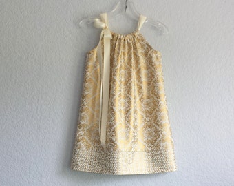 Girls Metallic Gold & Cream Damask Dress - Metallic Gold Pillowcase Dress - Girls Gold Party Dress - Size 12m, 18m, 2T, 3T, 4T, 5, 6,8 or 10