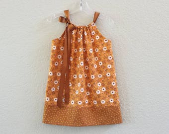 Girls Burnt Orange Pillowcase Dress with Dogwood Blossoms, Orange Pullover Frock with Ribbon Ties, Floral Handmade Cotton Dress, Size 12m-10