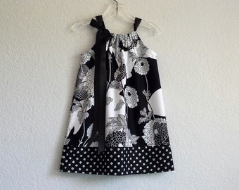 Girls Black and White Pillowcase Dress in a Bold Floral Print, Boho Pullover Dress with Ribbon Ties, Special Occasion Dress in Sizes 12m-10