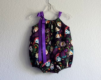 Baby Girls Day of the Dead Bubble Romper, Sun Suit with Sugar Skulls and Flowers, Dia de Los Muertos Bubble,  Black Cotton Romper, Nb - 18m