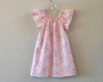 Girls Size 3T Woodland Deer Dress, READY TO SHIP! Cute Pink Flutter Sleeve Dress, 3T Flannel Pullover Dress with Baby Deer and Polka Dots