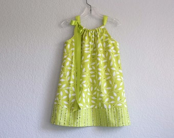 Girls Green and White Summer Dress, Pretty Pullover Sun Frock with Ribbon Ties, Lime Green Pillowcase Dress with White Leaves, Sizes 12m-10